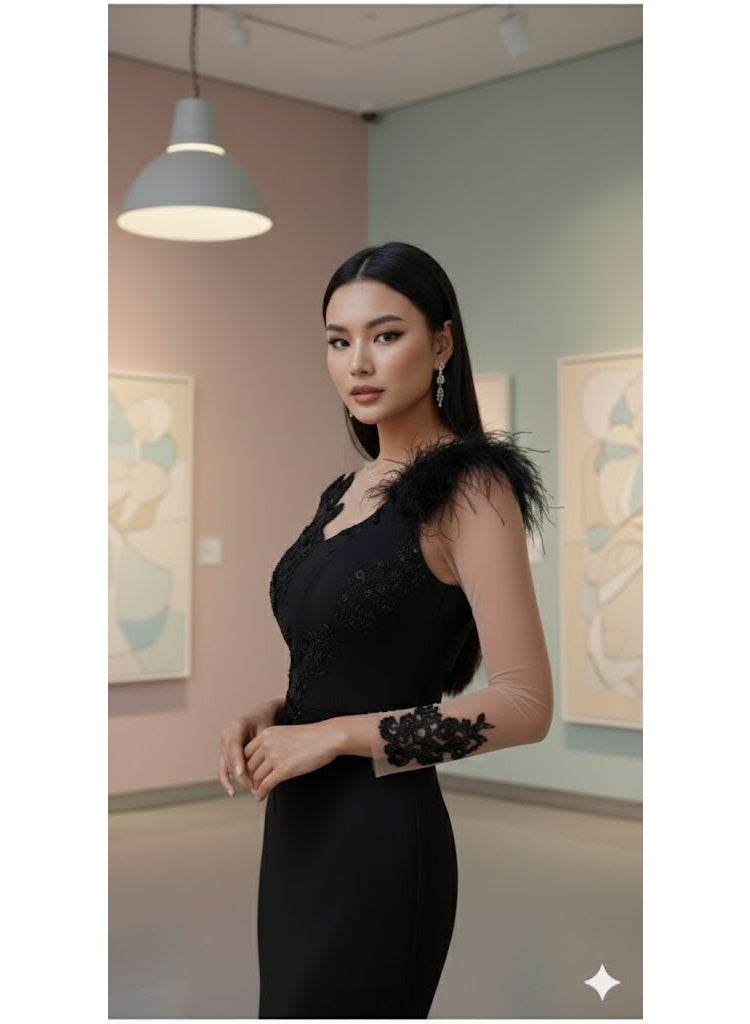 FULL JOY Women's Maxi Black Evening Dress Made of High-quality Fabric with Sheer Sleeves; Elegant Dress, Fashion Dress - Image 5
